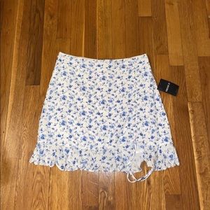 White and Blue Floral Skirt with Cinched Side